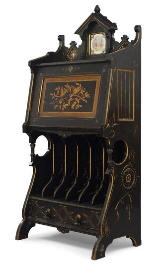 AMENDMENT: smaller inset tiles are by Minton Hollins & Co.Designer Unknown, Aesthetic Movement gothic revival bureau with Pugin style inset tiles, circa 1860, Ebonised and gilt wood, mahogany, fruitwood inlays, ceramic tiles, 167cm high, 76cm wide...