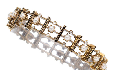 Diamond, Cultured Pearl, Enamel, Gold Bracelet The bracelet features...