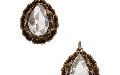 Diamond, Gold Earrings The earrings feature pear-shaped rose-cut diamonds...
