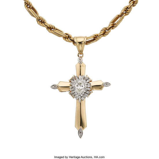 Diamond, Gold Pendant-Necklace The cross pendant centers a pear-shaped...