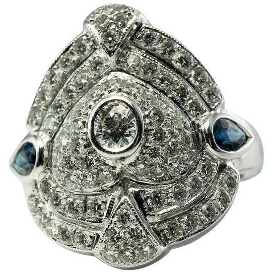 Diamond Sapphire Ring 14K White Gold Shield 2.06 TDW