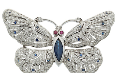 Diamond, Sapphire, Ruby, White Gold Brooch Stones: Full-cut diamonds...
