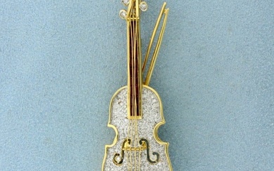 Diamond and Ruby Violin Pin in 18k Yellow Gold
