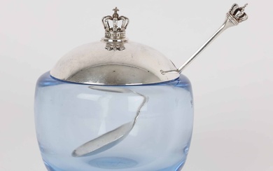 E. Dragsted and Holmegaard: Marmalade jar of blue glass with lid and spoon of sterling silver