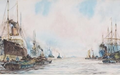 E STEELE (British 19th/20th Century) Shipping in a Busy...