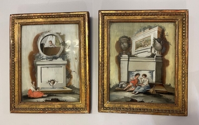 ECOLE ROMANTIQUE du XIXe siècle Scène au couple galant Deux fixés-sous-verre, formant pendant. 26 x...