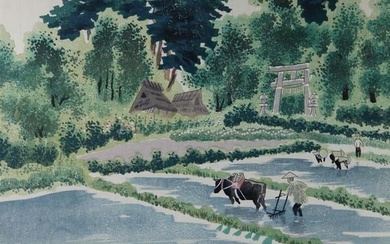 EIICHI KOTOZUKA (Japanese, 1906 - 1979). Taue (Planting Rice), Woodblock print with colors. Within