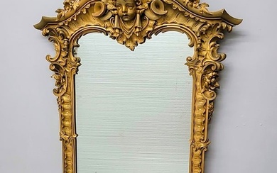 19th Century or early 20th cent Carved Wood Gilt Wall Mirror with putti face & floral rococo decor