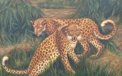 Early 20th C. Wildlife Painting Of Leopards, Signed