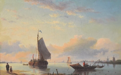 Ecole Hollandaise du XIXe siècle " Bateau amarré et barque" Huile sur toile. Trace de...