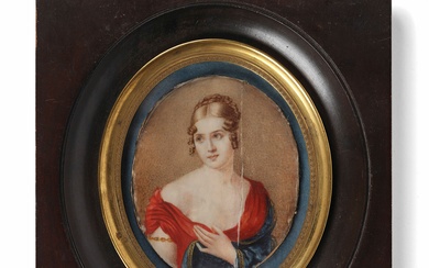 Ecole française, dans le goût du 1er Empire Portrait de femme à la robe rouge...
