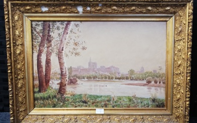 Ecole française début XX°, « paysage de ville en bord de fleuve », huile sur...