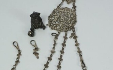 Edwardian Silver Chatelaine, Birmingham 1902, Cast with Cherubs and Scrolls, Hung with a Similar