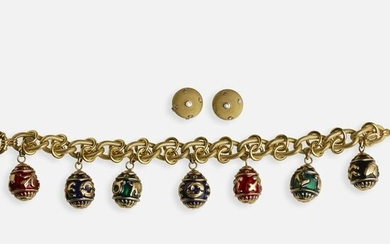 Egg charm bracelet with diamond and gold earrings