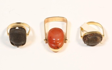 Egypt, three scarab rings, with scarabs, unmarked 14K...