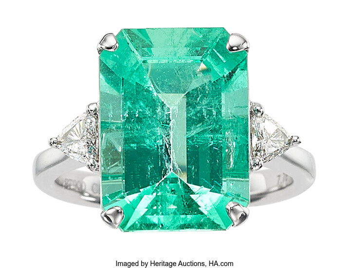Emerald, Diamond, White Gold Ring Stones: Emerald-cut emerald weighing...