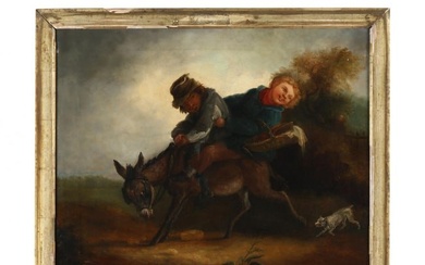 English School (19th Century), Two Children Riding a Donkey