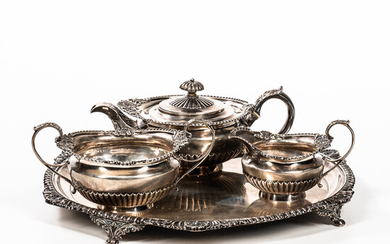 English Three-piece Sterling Silver Tea Set with Tray