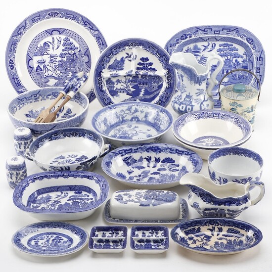 English and Japanese "Blue Willow" Porcelain Tablewares with Others