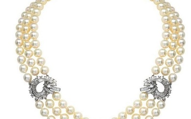 Estate Diamond Akoya Pearl Platinum Gold Clasp Three Strand Necklace