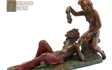 Eve & Satyr, Franz Bergman Signed Bronze Figurine Group