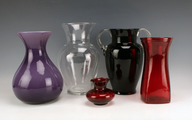 FIVE COLORFUL GLASS VASES