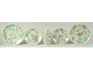 FOUR CHINESE CANTON TURQUOISE GROUND FAMILLE ROSE DISHES, to...