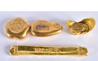 FOUR CHINESE YELLOW METAL SCROLL WEIGHTS 20th Century. 401 g...