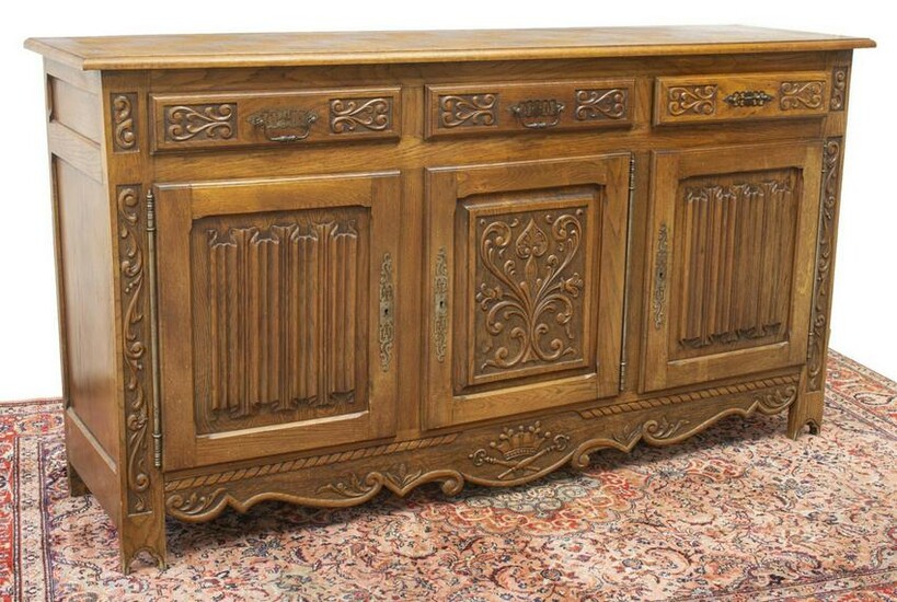 FRENCH MEDIEVAL STYLE CARVED OAK SIDEBOARD