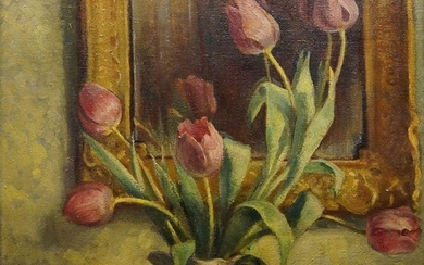 Faith Kenworthy-Browne, British 1882-1973- Flowers before a mirror; oil on canvas, signed with initials and dated '1947' (lower right), bears inscribed label to the reverse of the frame, 61 x 50.7 cm. (ARR)
