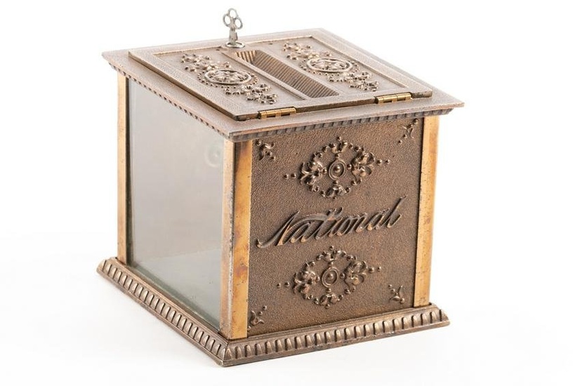 Fancy antique solid brass National Receipt Box with see through glass ends, circa 1900-1915