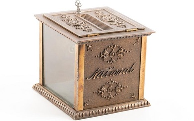 Fancy antique solid brass National Receipt Box with see through glass ends, circa 1900-1915