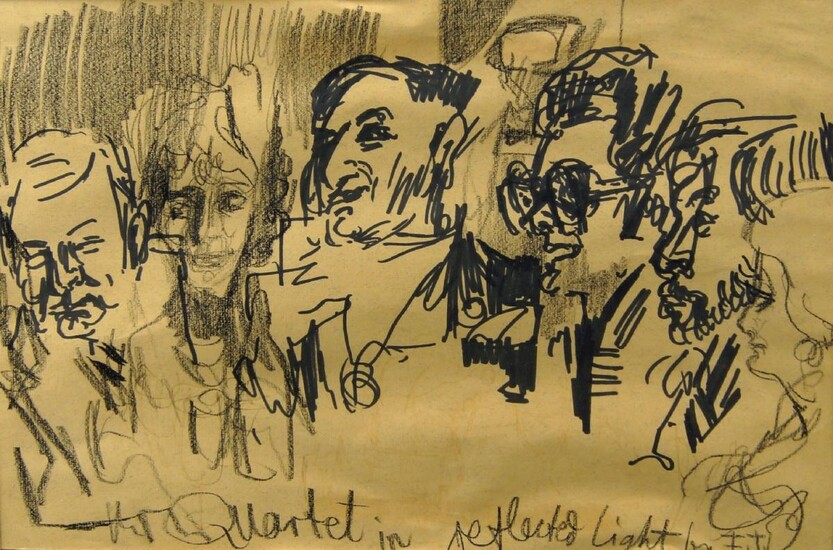 Feliks Topolski RA, British/Polish 1907-1989- The Quartet in Reflected Light; black felt tip and black chalk on paper, signed with initials and titled, 29.5 x 44 cm (ARR)