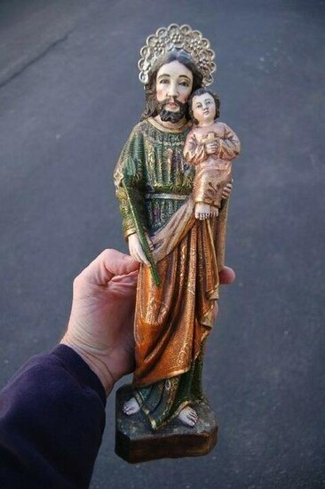 Fine Hand Carved Wood Statue of "St. Joseph w/Child"+