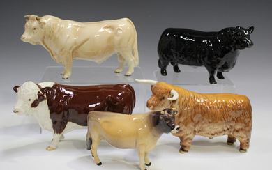 Five Beswick bulls, comprising Charolais, No. 2463A, Highland, No. 2008, Aberdeen Angus, No. 1562, P