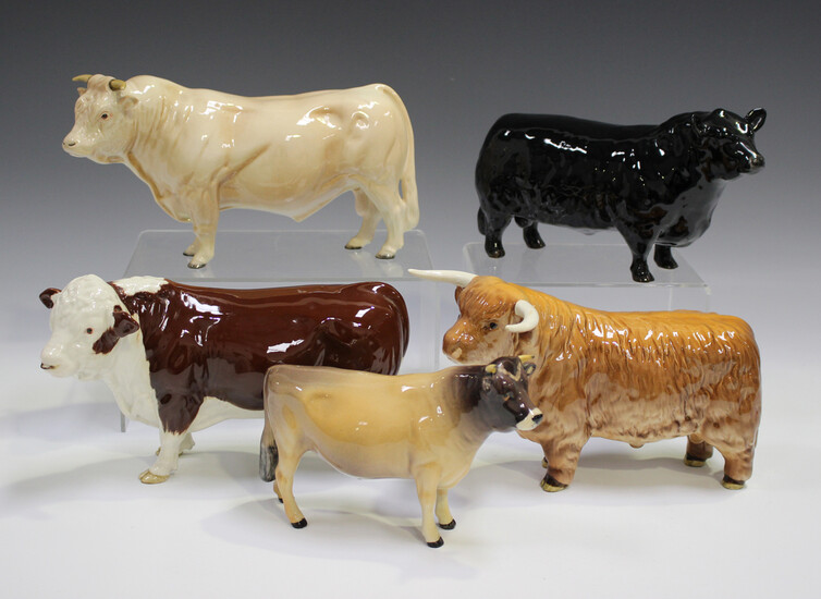 Five Beswick bulls, comprising Charolais, No. 2463A, Highland, No. 2008, Aberdeen Angus, No. 1562, P