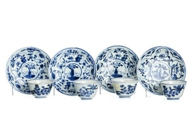 Four Chinese porcelain cups and saucers, Kangxi
