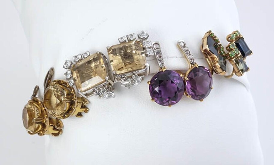 Four Pairs of 14-Karat Yellow-Gold, White-Gold and Gem-Set Earrings