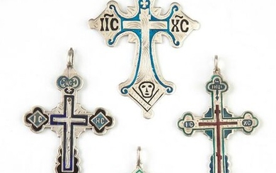 Four Russian Enamel and Silver Orthodox Cross Pendants