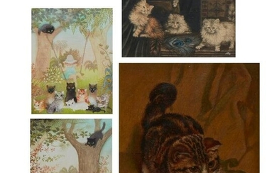 Four paintings of cats, various artists
