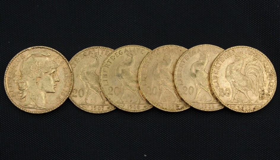 France, Third Republic, gold 20-Francs, 'Cockerel' types, 1907 (2); 1908 (2); 1909 (6) (KM 846;...