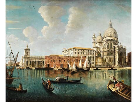 Francesco Albotto, 1721/22 Venedig – 1757 ebenda, VEDUTE MIT ANSICHT DER PUNTA DELLA DOGANA UND SANTA MARIA DELLA SALUTE