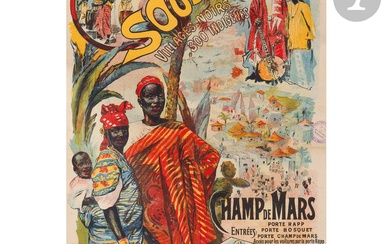 Francisco TAMAGNO (1851-1933) Soudan, villages noirs, 300 indigènes - Champs de Mars, 1911 Chromolithographie. Entoilée....
