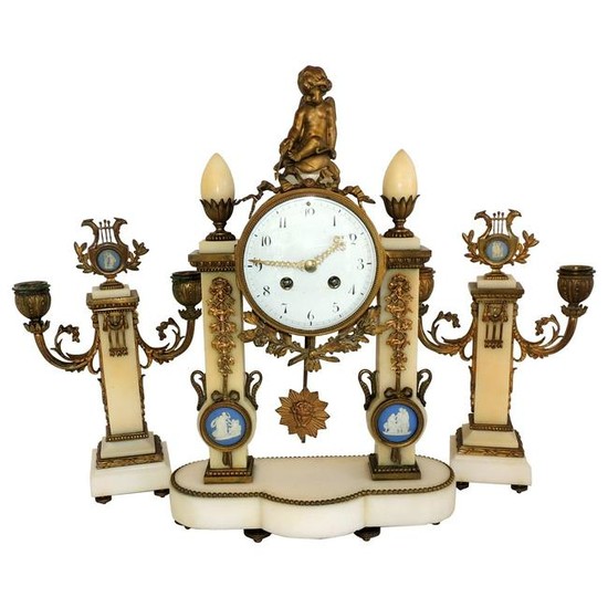 French Ormolu Bronze Cherub Marble Plaque Clock