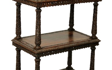 French tiered etagere side table with elaborate carvings