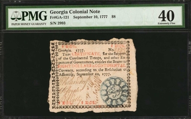 GA-121. Georgia. September 10, 1777. $8. PMG Extremely Fine 40.