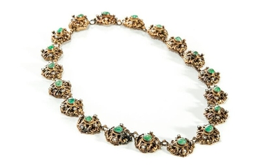 GILT SILVER NECKLACE WITH EMERALD CABOCHONS, 70g