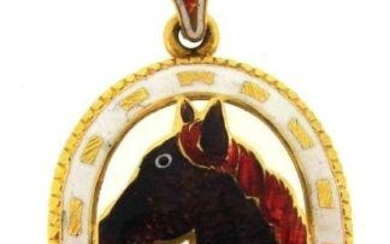 GORGEOUS 18k Yellow Gold & Enamel Horse Pendant