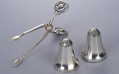 Georg Jensen. 'King' salt and pepper set and 'Magnolia' sterling silver tongs (3)