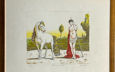Giorgio De Chirico "Castore ed il suo cavallo" 1970 litografia a colori cm 52x69